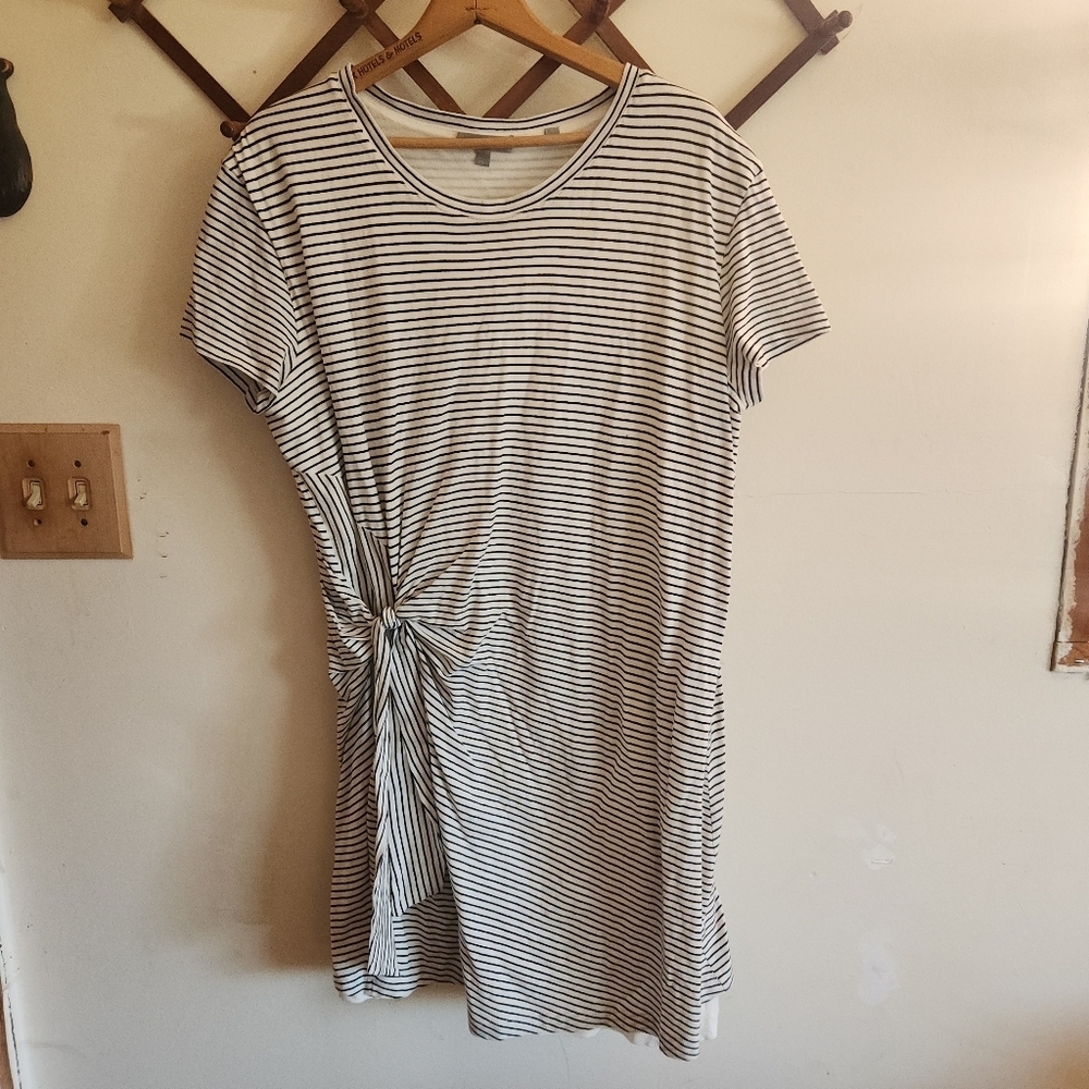 Vince Short Sleeve Tie-Side T-Shirt Mini Dress White Black Striped Large